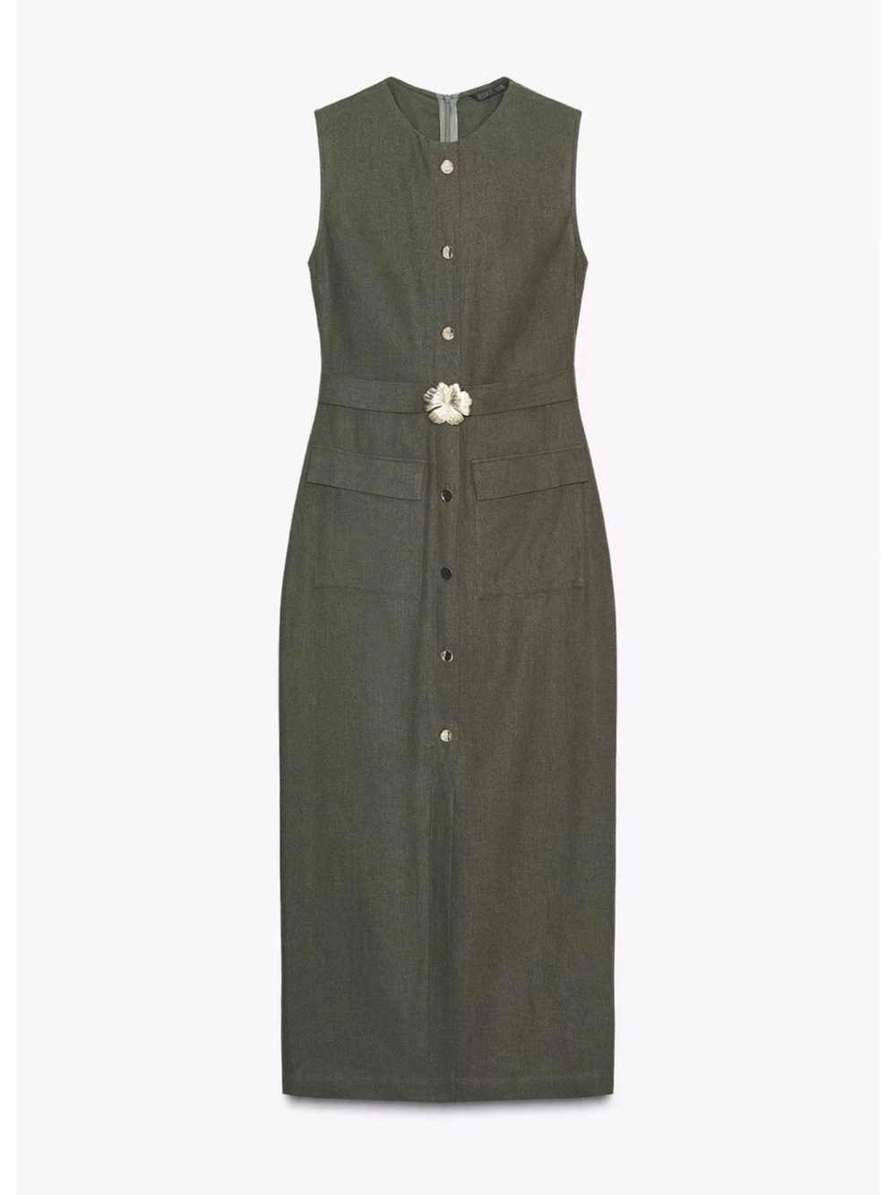 Zara Olive Green LINEN BELTED MIDI DRESS - Picture 13 of 15